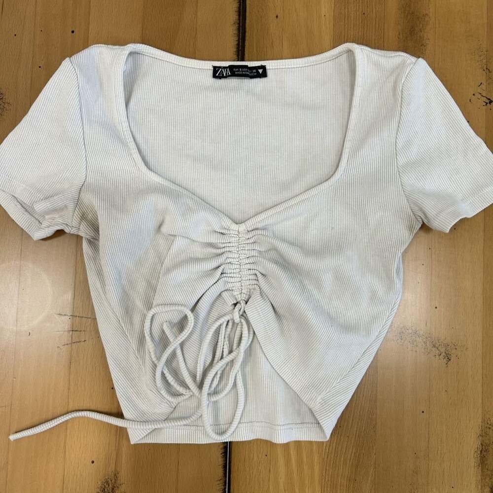 ZARA Ribbed Ruched Crop Top Size S White Short Sleeve